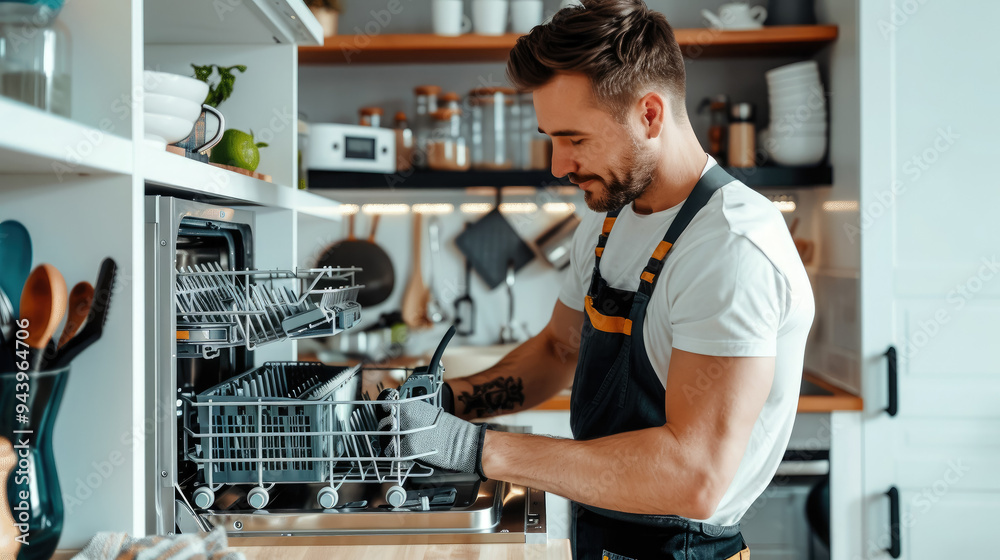 male handyman repairing dishwasher in white kitchen, man, plumber, mechanic, work uniform, guy, repair service, house helper, household appliance maintenance, repairman, repair male handyman repairing dishwasher in white kitchen, man, plumber, mechanic, work uniform, guy, repair service, house helper, household appliance maintenance, repairman, repair