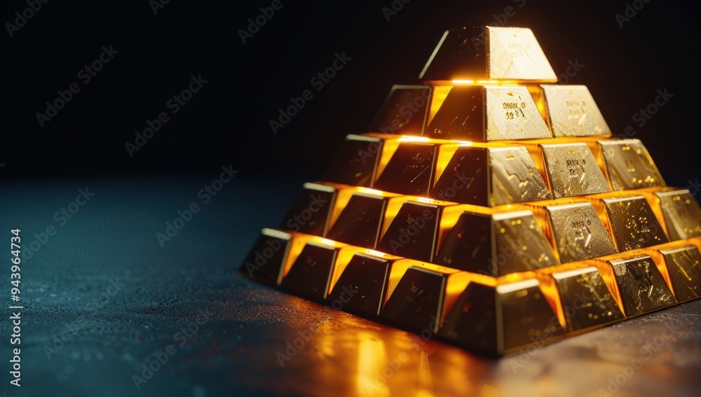 A stack of gold bars arranged in the shape of an illuminated pyramid A stack of gold bars arranged in the shape of an illuminated pyramid