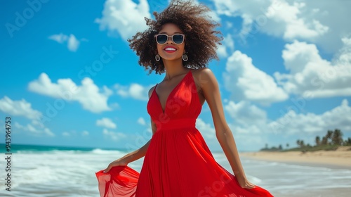 Woman in a flowing red dress enjoying a sunny beach day with waves and fluffy clouds in the background photo