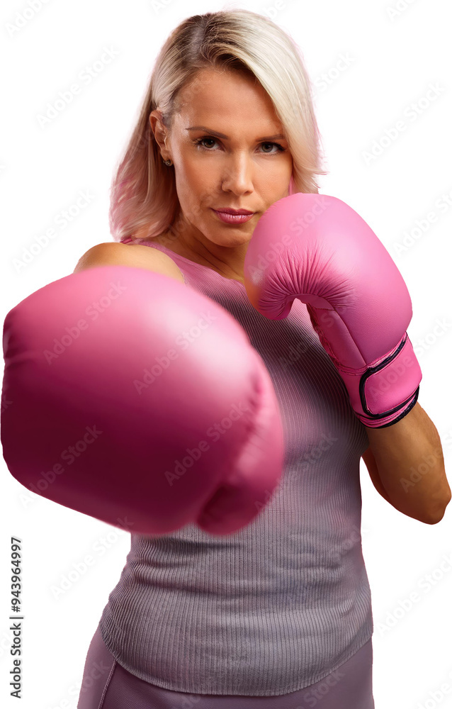 Middle age woman with Pink boxing glove fighting punch for healthy Middle age woman with Pink boxing glove fighting punch for healthy