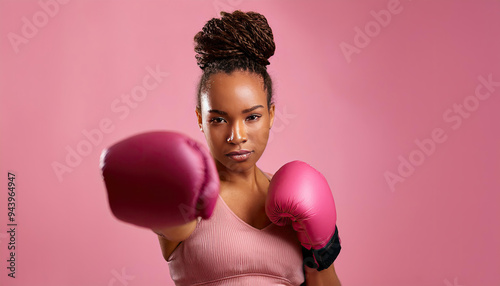 African-American woman with Pink boxing glove fighting punch for healthy