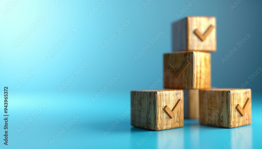 Obraz premium Wooden Blocks with Check Marks Stacked on Blue Background