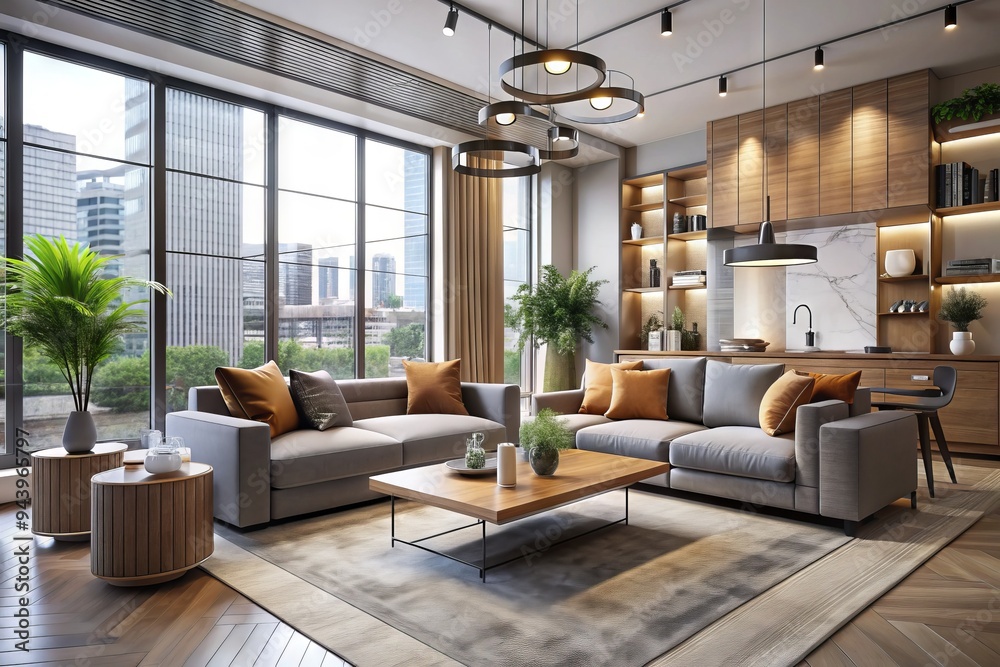 Fototapeta premium Urban Sanctuary Escape: Modern, sleek, urban atmosphere, neutral colors, architectural elements.