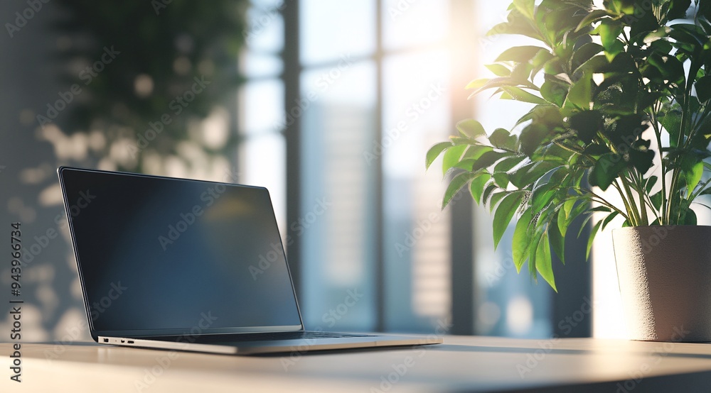 Modern Laptop on Wooden Desk with Sunlight and Plant