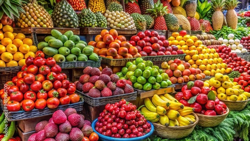 Vibrant Fruit Market Stall: Juicy strawberries, ripe bananas, crisp apples, exotic mangoes, colorful display