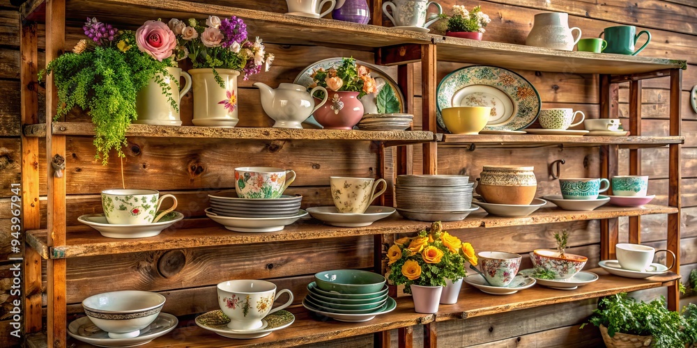 Fototapeta premium Vintage Farmhouse Charm: Rustic shelves adorned with mismatched antique cups and saucers, evoking a cozy and inviting atmosphere.