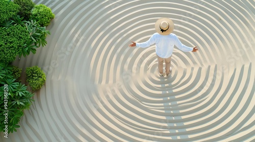 A serene aerial view of a person standing in a beautifully raked sand garden, embodying peace and tranquility. photo