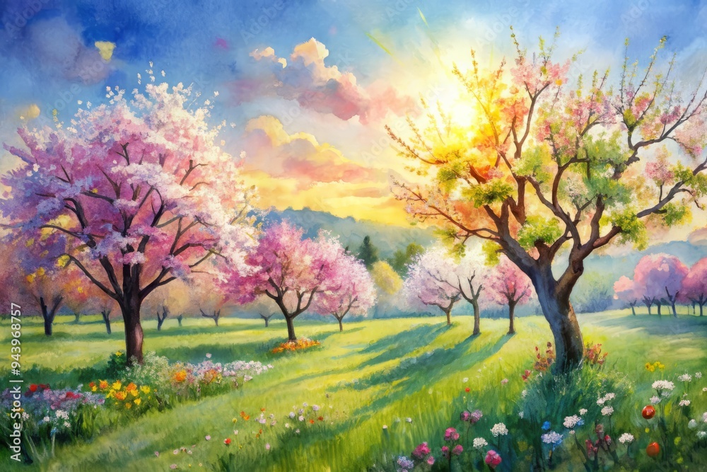 Watercolor Springtime Meadow: Soft hues and flowing brushstrokes depict a meadow filled with blooming fruit trees and vibrant berries. Watercolor Springtime Meadow: Soft hues and flowing brushstrokes depict a meadow filled with blooming fruit trees and vibrant berries.