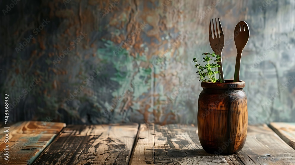 A rustic table with a gloomy background a spoon and fork in a wooden glass