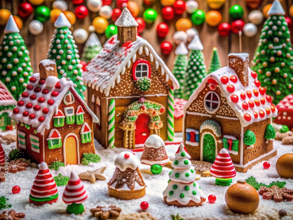 Obraz premium Whimsical Gingerbread Village: Playful, festive, red, white, green, candy, snow