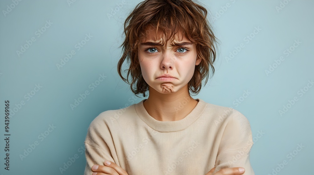 Portrait of a frowning person with crossed arms on an isolated minimalist background with clean copyspace Concept of displeasure dissatisfaction negativity or confrontational body language Portrait of a frowning person with crossed arms on an isolated minimalist background with clean copyspace Concept of displeasure dissatisfaction negativity or confrontational body language