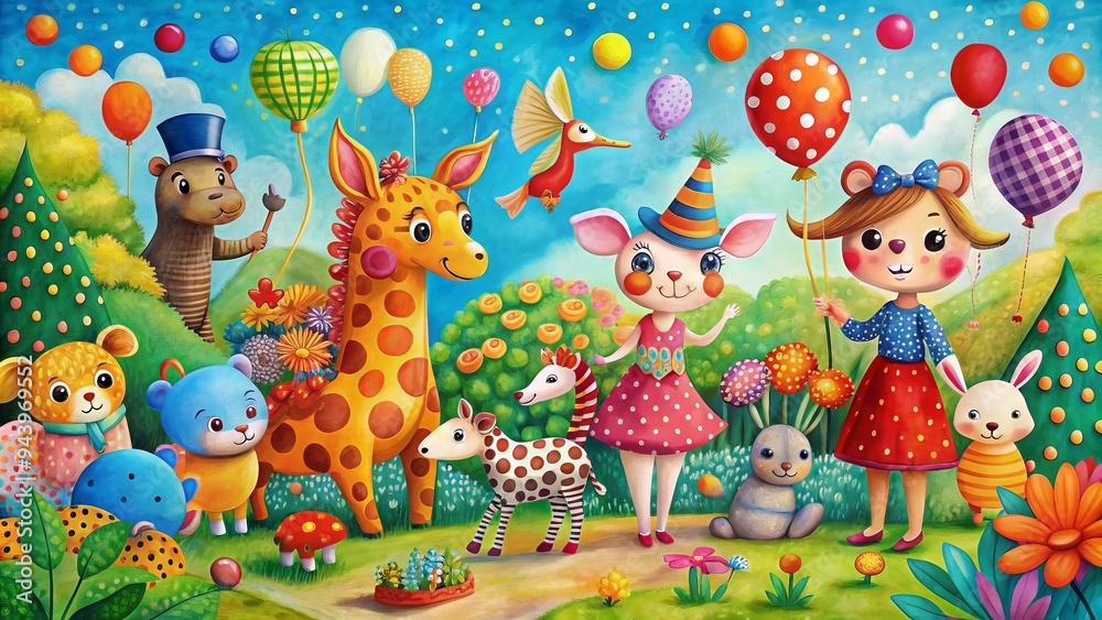Obraz premium Whimsical Wonder: Playful, whimsical, bright colors, polka dots, whimsical animals