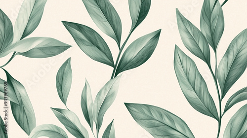 Ręcznie rysowany wzór roślinny ukazuje zielone liście w stylu vintage.