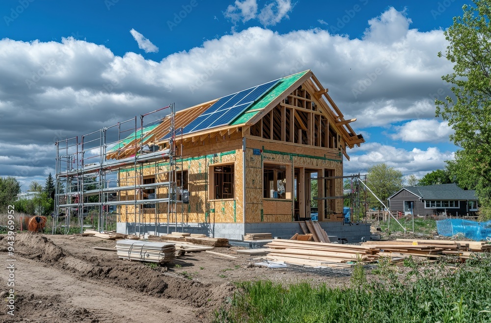 New Home Under Construction with Solar Panels New Home Under Construction with Solar Panels
