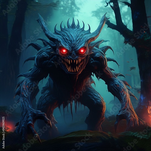 3D Terrible Monster with Red Eyes in a Dark Forest