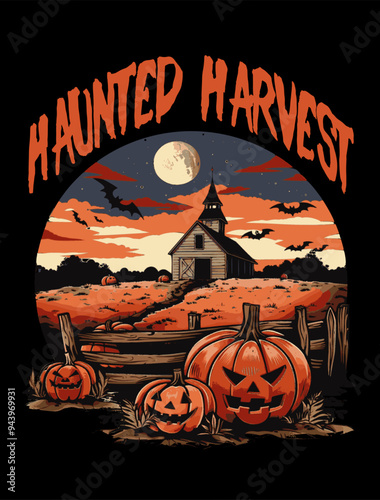 Halloween pumpkin farm t shirt design, haunted house graphic t-shirt, spooky monster pumpkin vector illustration. horror fall farmhouse poster, scary halloween fullmoon 