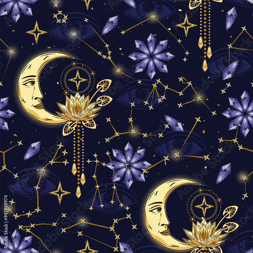 Mystic pattern with moon, zodiacal constellations, lotus, magic crystals. All seeing eye on dark blue background. Astrology, alchemy, boho, magic, mystery concept.