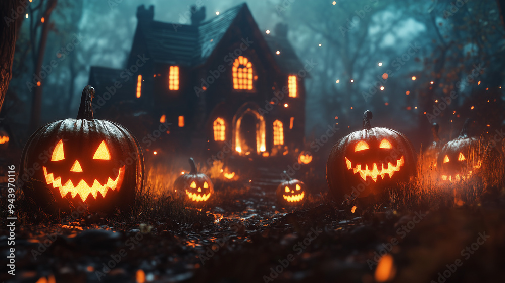 Halloweenowe tło ukazuje złowieszczy dom na tle mrocznego, gęstego lasu. Wśród mniejszych dyni, jedna wyróżnia się szczególnie złowieszczym wyglądem Halloweenowe tło ukazuje złowieszczy dom na tle mrocznego, gęstego lasu. Wśród mniejszych dyni, jedna wyróżnia się szczególnie złowieszczym wyglądem
