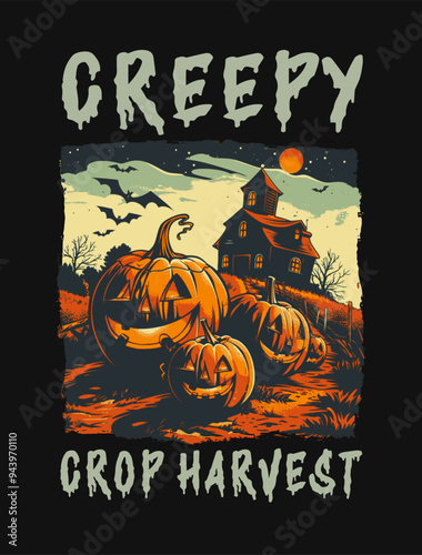Halloween pumpkin farm t shirt design, haunted house graphic t-shirt, spooky monster pumpkin vector illustration. horror fall farmhouse poster, scary halloween fullmoon 