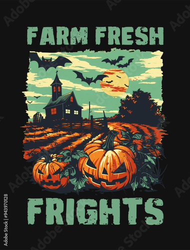 Halloween pumpkin farm t shirt design, haunted house graphic t-shirt, spooky monster pumpkin vector illustration. horror fall farmhouse poster, scary halloween fullmoon 