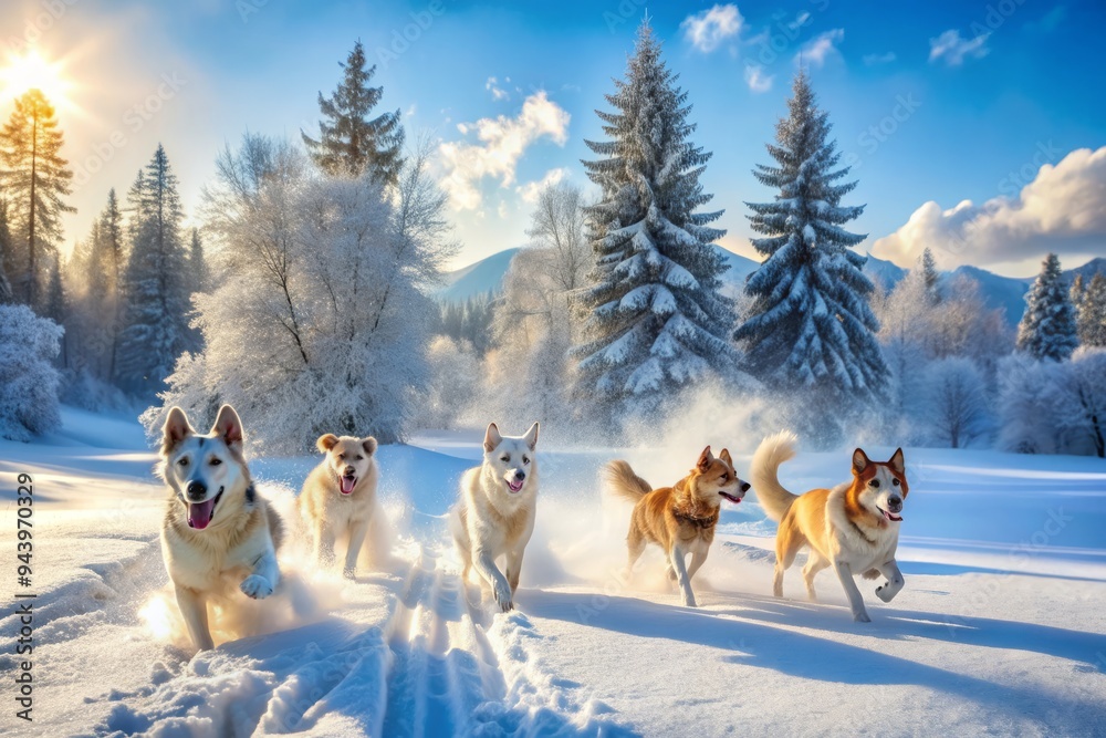 Naklejka premium Winter Wonderland with Woofs: Expansive snowy landscape, dogs running and playing, shades of blue and white, sense of freedom and joy.