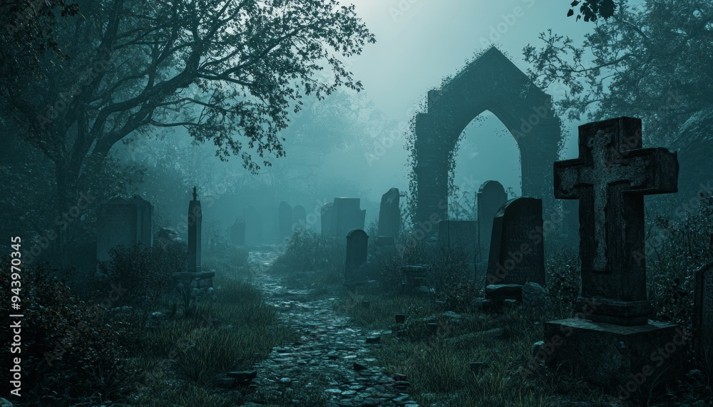 Creepy Graveyard with Foggy Atmosphere and Dark Trees at Night Creepy Graveyard with Foggy Atmosphere and Dark Trees at Night