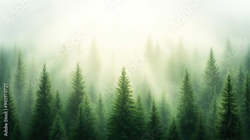 A serene misty forest landscape, showcasing tall green trees enveloped in fog, perfect for nature-themed projects.