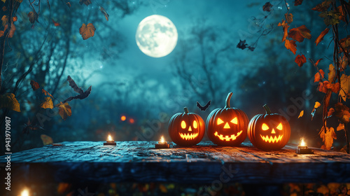 Ciemny, mroczny las z pełnym, świecącym księżycem stanowi tło dla drewnianego stołu, na którym znajdują się dynie-jack-o'-lanterns z płonącymi świeczkami. photo