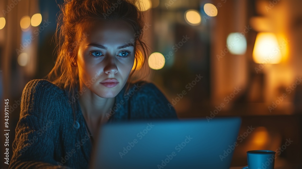 A woman studies intently on her laptop in a softly lit room during the evening hours, with warm ambient lighting creating a cozy atmosphere A woman studies intently on her laptop in a softly lit room during the evening hours, with warm ambient lighting creating a cozy atmosphere