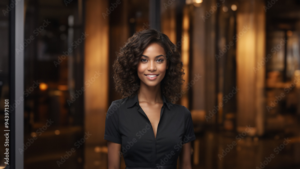 Confident and charismatic Black American businesswoman with a warm smile and natural beauty. Brunette hair and flawless skin complement her captivating gaze Confident and charismatic Black American businesswoman with a warm smile and natural beauty. Brunette hair and flawless skin complement her captivating gaze