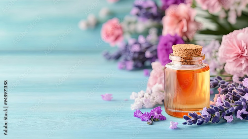 A serene setting featuring a glass jar of essential oil surrounded by colorful flowers for a calming ambiance. A serene setting featuring a glass jar of essential oil surrounded by colorful flowers for a calming ambiance.