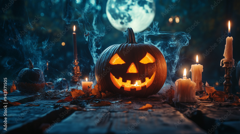 Fototapeta premium Ciemny, mroczny las z pełnym, świecącym księżycem stanowi tło dla drewnianego stołu, na którym znajdują się dynie-jack-o'-lanterns z płonącymi świeczkami.