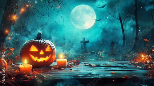 Ciemny, mroczny las z pełnym, świecącym księżycem stanowi tło dla drewnianego stołu, na którym znajdują się dynie-jack-o'-lanterns z płonącymi świeczkami. photo