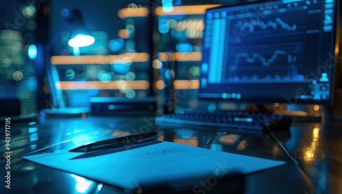 Wallpaper Mural A pen and computer on the desk in front of an office background with blue lighting Torontodigital.ca