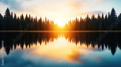 A serene sunset reflected on a tranquil lake, surrounded by towering trees and vibrant colors, creating a peaceful natural scene.