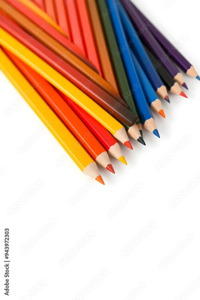 A vibrant collection of colored pencils arranged in a row, showcasing a variety of colors including red, blue, green, yellow, and orange against a white background. A vibrant collection of colored pencils arranged in a row, showcasing a variety of colors including red, blue, green, yellow, and orange against a white background.