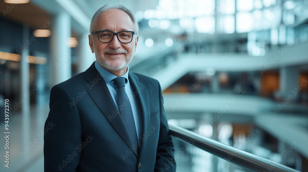 Współczesny portret seniora biznesowego, który z uśmiechem patrzy w stronę kamery w nowoczesnym biurze. Współczesny portret seniora biznesowego, który z uśmiechem patrzy w stronę kamery w nowoczesnym biurze.