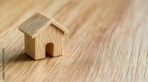 A small wooden house figurine on a natural wood surface, symbolizing home, comfort, and simplicity in design.