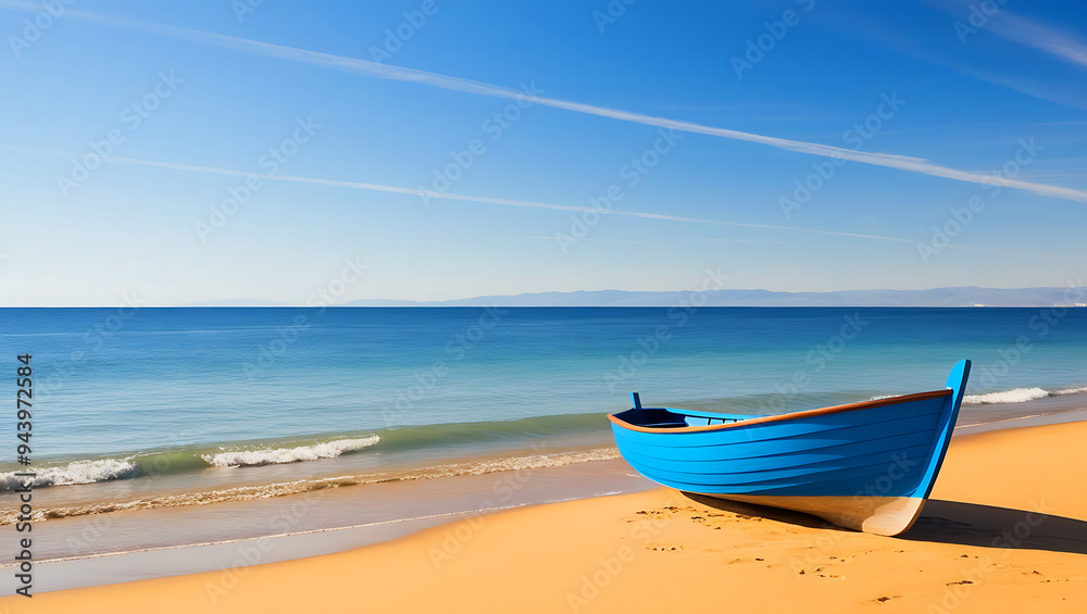 A peaceful beach scene with a solitary blue wooden boat resting on golden sand A peaceful beach scene with a solitary blue wooden boat resting on golden sand