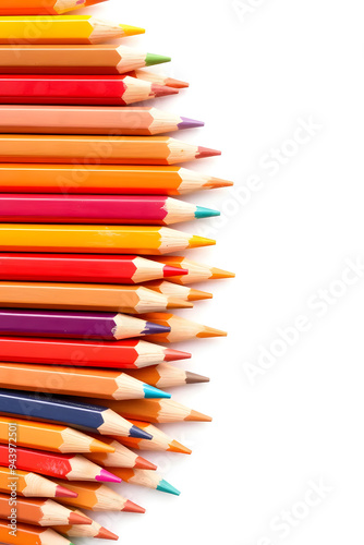 A vibrant collection of colored pencils arranged in a row, showcasing a variety of colors including red, blue, green, yellow, and orange against a white background.