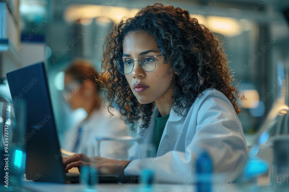 A woman wearing a lab coat is using a laptop computer A woman wearing a lab coat is using a laptop computer