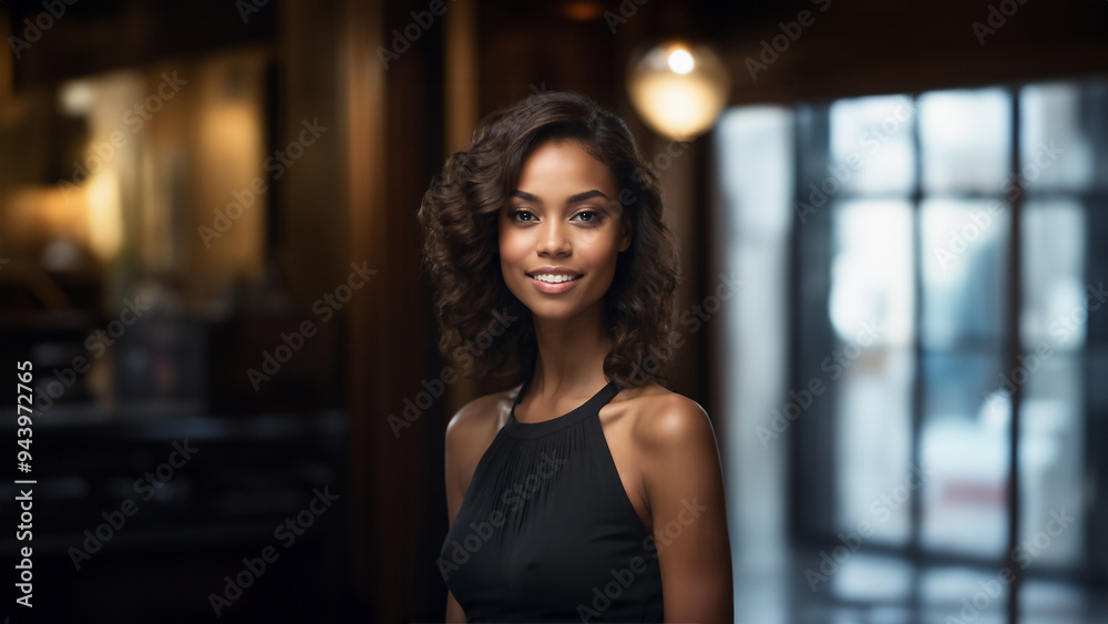 Confident and charismatic Black American businesswoman with a warm smile and natural beauty. Brunette hair and flawless skin complement her captivating gaze