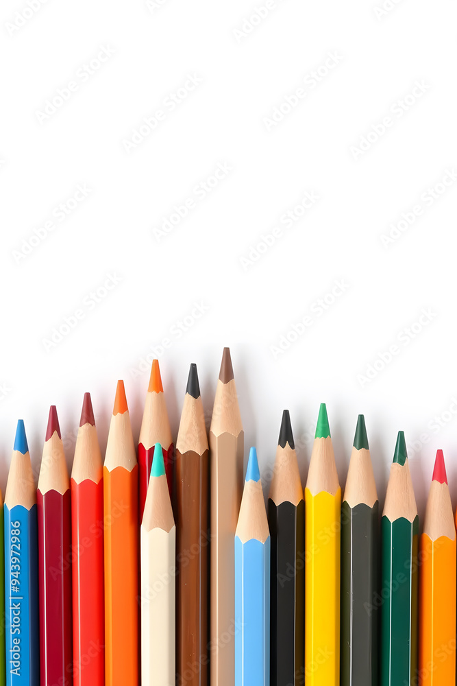 A vibrant collection of colored pencils arranged in a row, showcasing a variety of colors including red, blue, green, yellow, and orange against a white background. A vibrant collection of colored pencils arranged in a row, showcasing a variety of colors including red, blue, green, yellow, and orange against a white background.