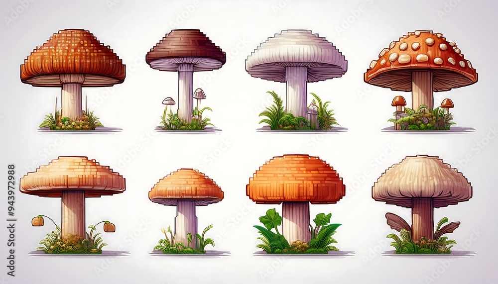 Pixelated Brown Mushroom Game Sprites - collection of 8-bit pixel art mushrooms as gaming asset. Game design assets. Graphic art 8 bit illustration isolated. Ai Generative Pixelated Brown Mushroom Game Sprites - collection of 8-bit pixel art mushrooms as gaming asset. Game design assets. Graphic art 8 bit illustration isolated. Ai Generative