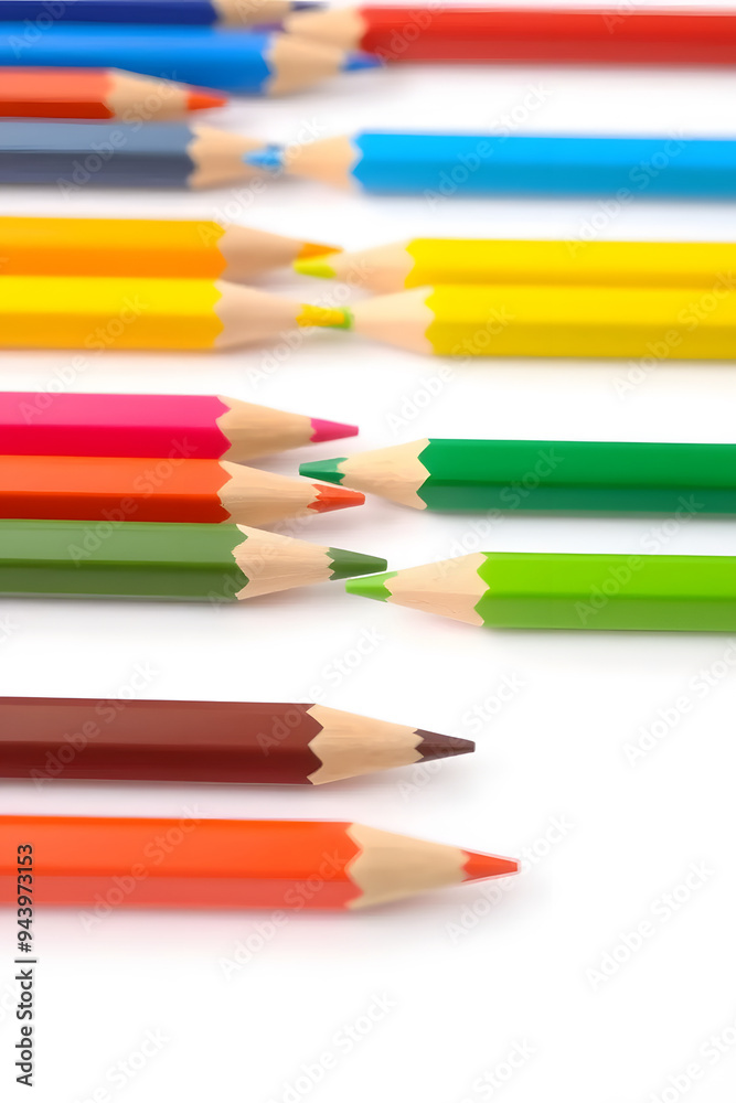A vibrant collection of colored pencils arranged in a row, showcasing a variety of colors including red, blue, green, yellow, and orange against a white background. A vibrant collection of colored pencils arranged in a row, showcasing a variety of colors including red, blue, green, yellow, and orange against a white background.