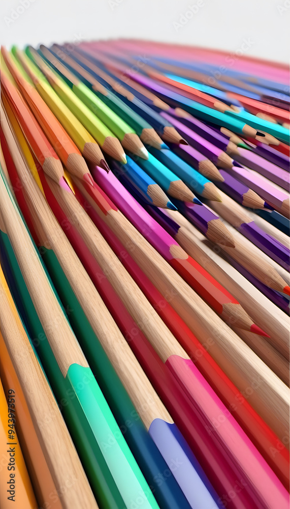 A vibrant collection of colored pencils arranged in a row, showcasing a variety of colors including red, blue, green, yellow, and orange against a white background. A vibrant collection of colored pencils arranged in a row, showcasing a variety of colors including red, blue, green, yellow, and orange against a white background.