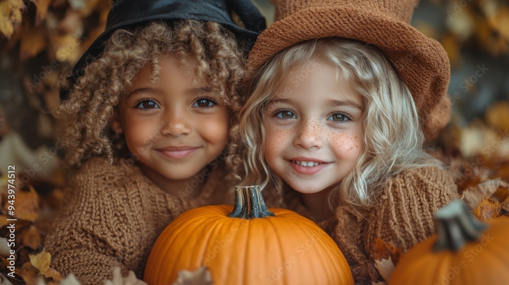 Two young girls are posing with a pumpkin and a pumpkin lantern Two young girls are posing with a pumpkin and a pumpkin lantern