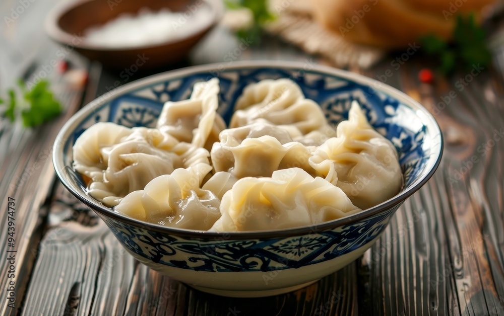 Handcrafted dumplings placed in a decorative blue-patterned bowl, accompanied by culinary garnishes, with a soft focus background. Handcrafted dumplings placed in a decorative blue-patterned bowl, accompanied by culinary garnishes, with a soft focus background.