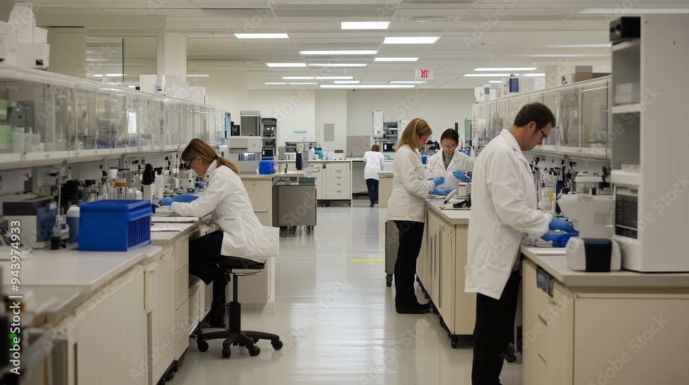 Scientists conduct research in a modern laboratory filled with equipment and materials during working hours