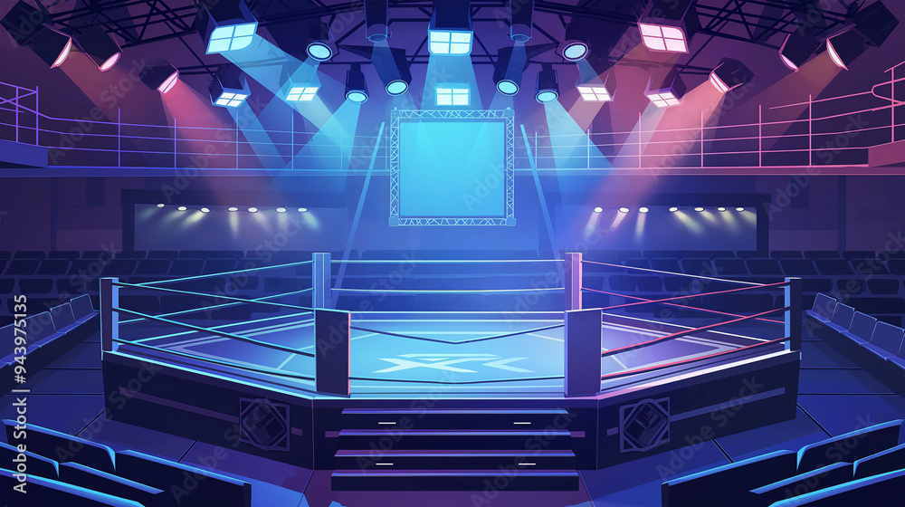 The arena for boxing fight and MMA championship competitions, game background, Illustration The arena for boxing fight and MMA championship competitions, game background, Illustration